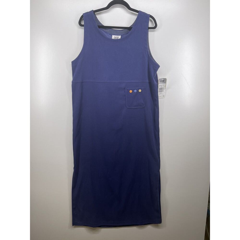 Lucia Made In USA Blue Velvet Stretch Dress Sz 10 MIDI Pocket Buttons Detail NEW